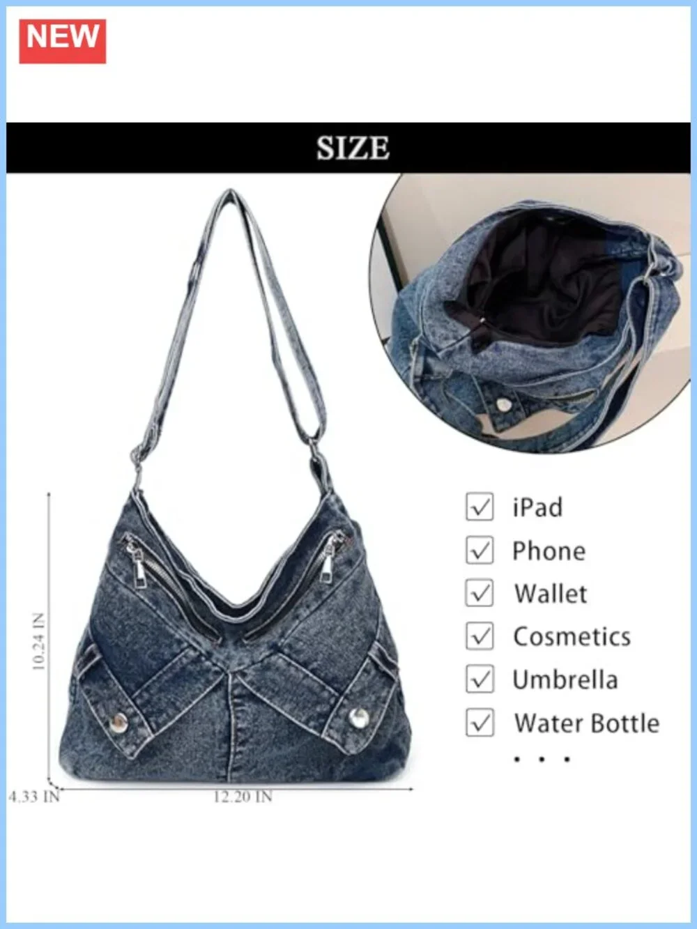 Denim Crossbody Bag Large Capacity Hobo Shoulder Purse Adjustable Strap